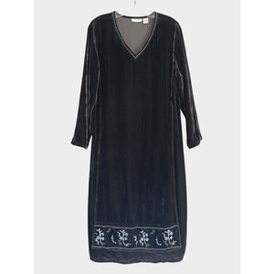 J.JILL Size Petites Medium Brown Velvet Embroidered Pullover V-Neck Maxi Dress